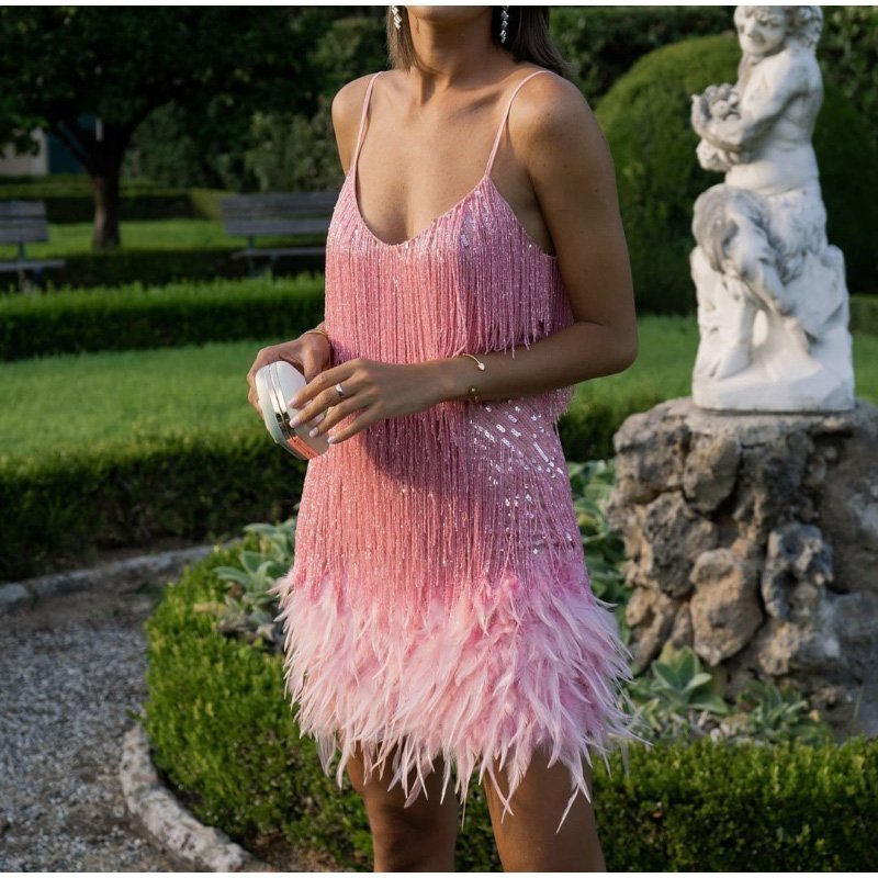 Feather Fringe Sequin Spaghetti Strap Dress
