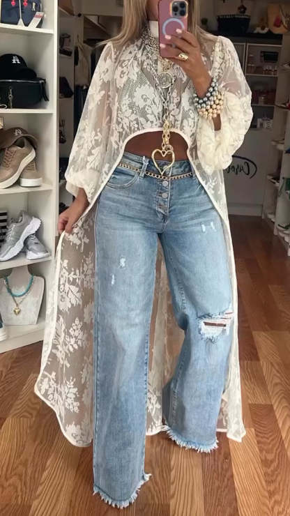 Round Neck Lace Short Front and Long Back Casual Top (Buy 2 Free Shipping)