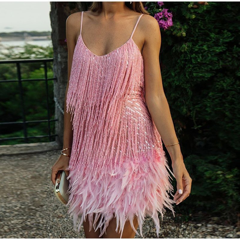 Feather Fringe Sequin Spaghetti Strap Dress