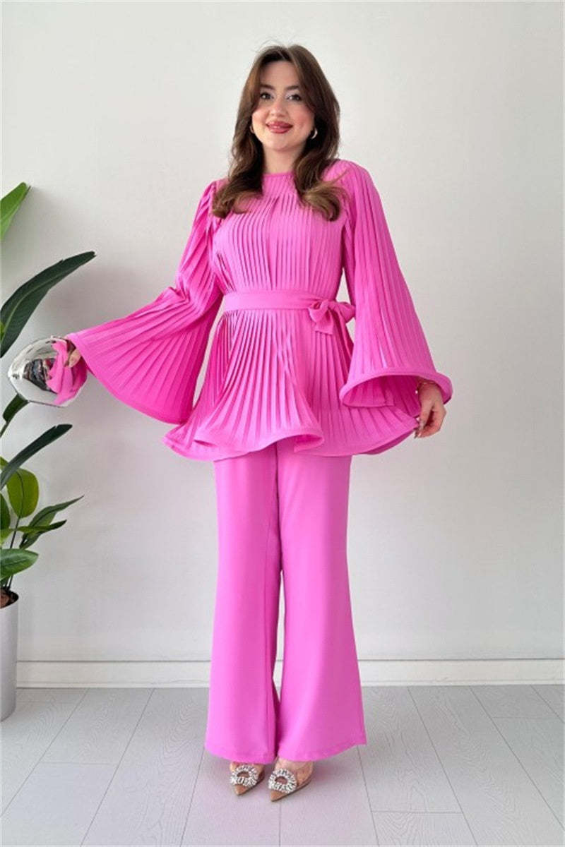 Pleated Bell Sleeve Top and Wide-Leg Pants Two Piece Set (Buy 2 Free Shipping)