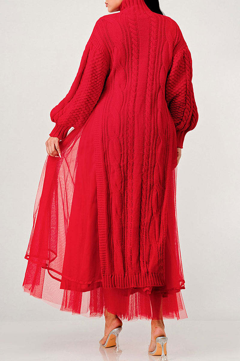 Cozy Chunky Knit Mock Neck Mesh Hem Dress (Buy 2 Free Shipping)