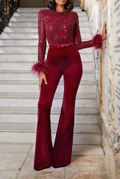 Ready for Vegas Feather Detail Trim Sequin Jumpsuit (Free Shipping)