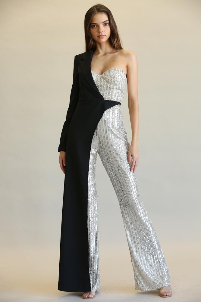 Striped Sequin + Solid Stretch Woven Fabric Combo Jumpsuit