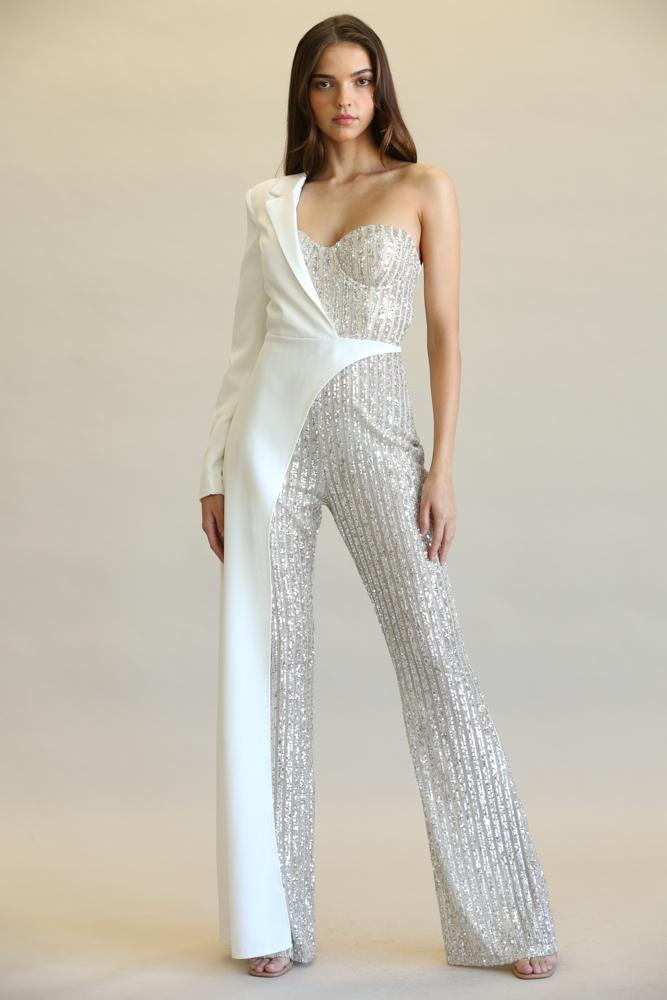 Striped Sequin + Solid Stretch Woven Fabric Combo Jumpsuit