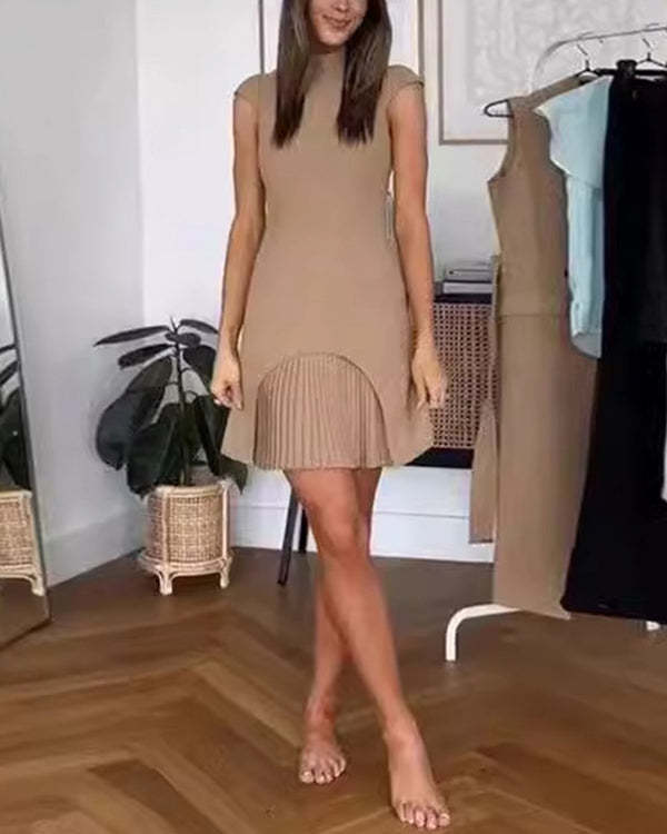 O Neck Chic Pleated Mini Dress