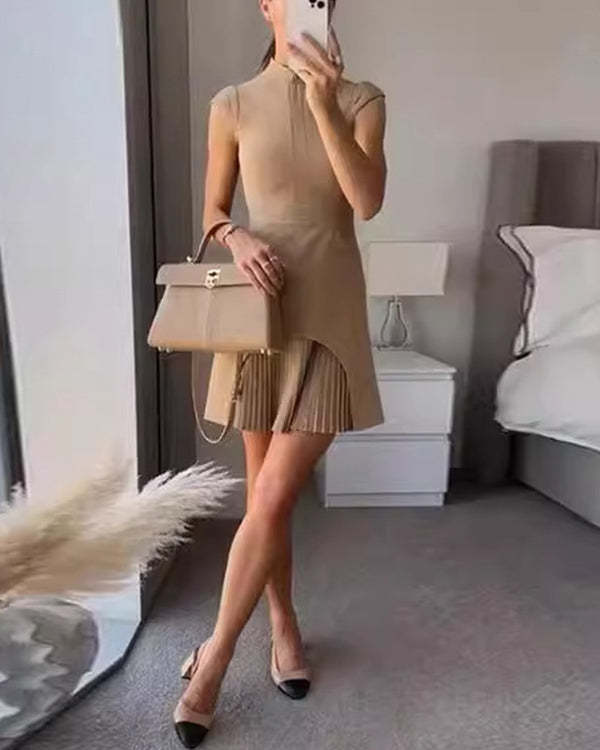 O Neck Chic Pleated Mini Dress