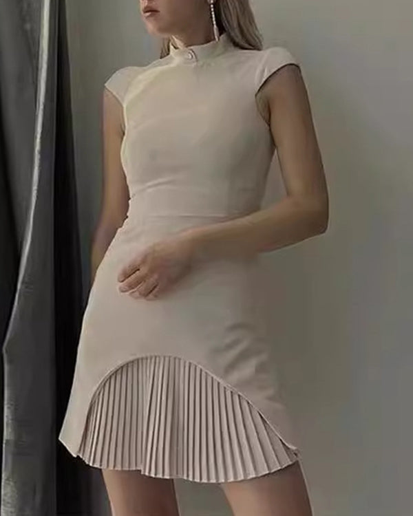O Neck Chic Pleated Mini Dress