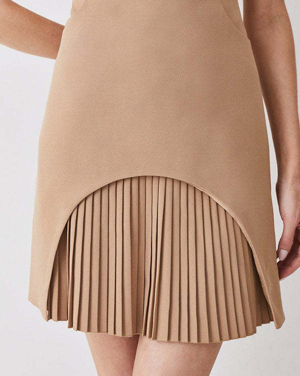O Neck Chic Pleated Mini Dress