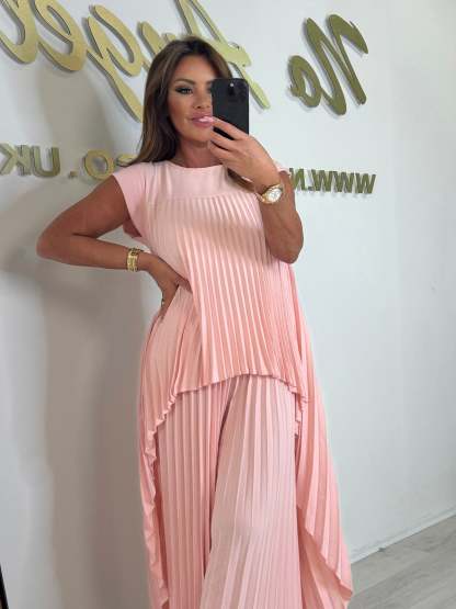 Pleated High Low Top & Trouser Two Piece Set (Buy 2 Free Shipping)