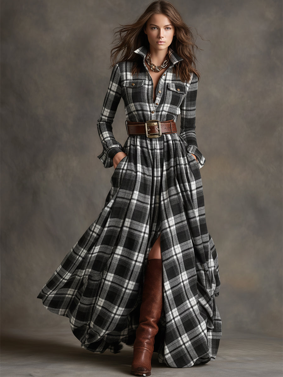 Retro Ethnic Style Lapel Reddish Brown Plaid Maxi Dress with Belts (Buy 2 Free Shipping)