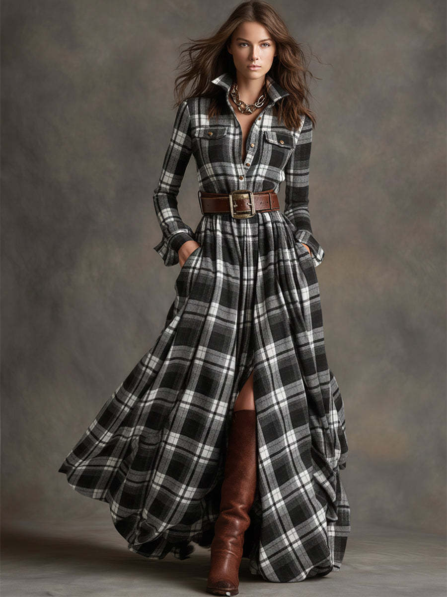 Retro Ethnic Style Lapel Reddish Brown Plaid Maxi Dress with Belts (Buy 2 Free Shipping)