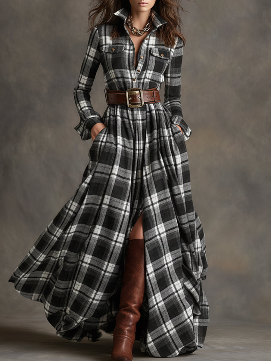 Retro Ethnic Style Lapel Reddish Brown Plaid Maxi Dress with Belts (Buy 2 Free Shipping)