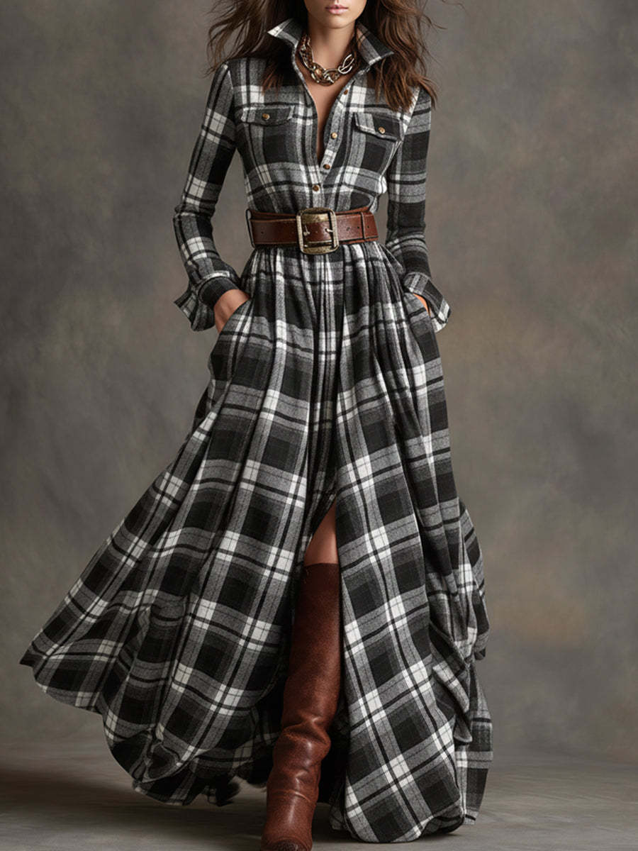 Retro Ethnic Style Lapel Reddish Brown Plaid Maxi Dress with Belts (Buy 2 Free Shipping)
