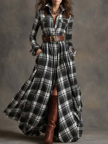 Retro Ethnic Style Lapel Reddish Brown Plaid Maxi Dress with Belts (Buy 2 Free Shipping)