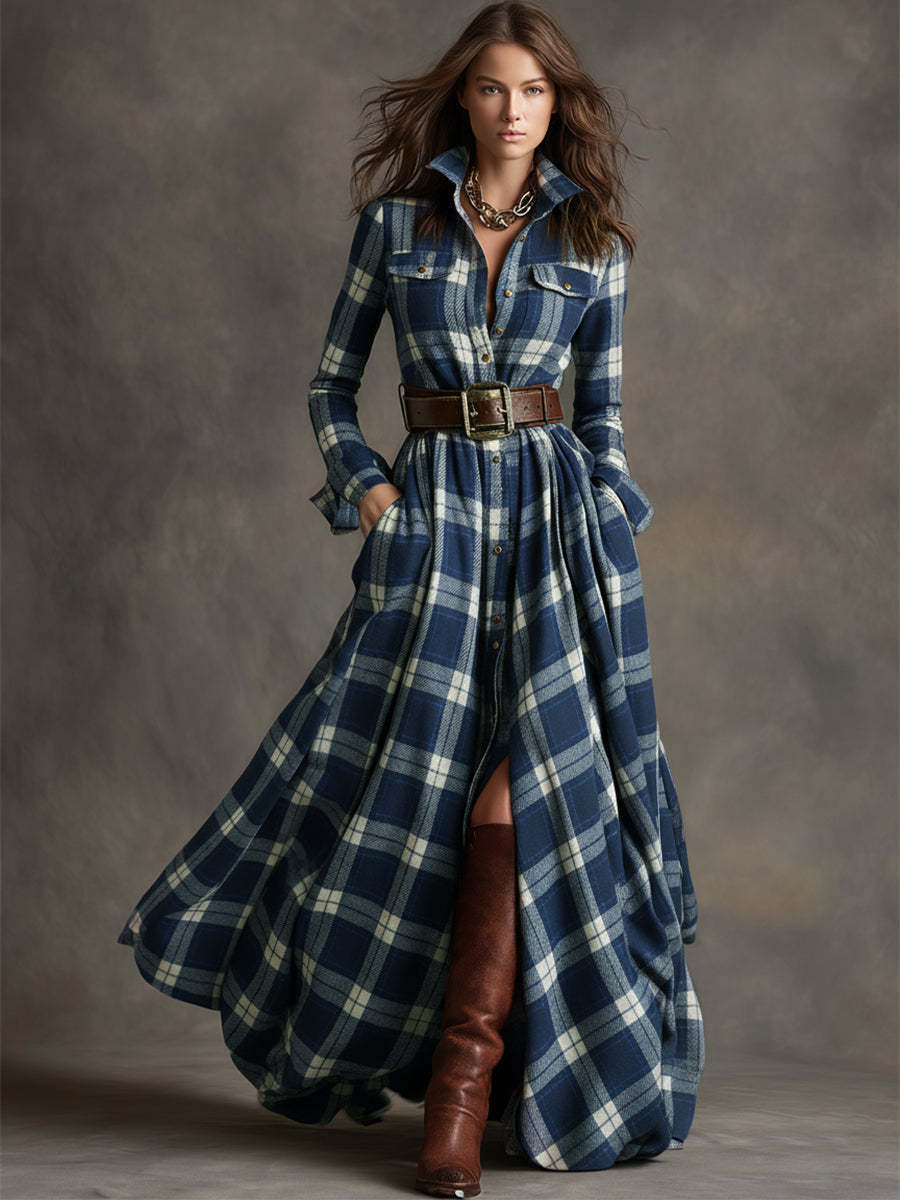Retro Ethnic Style Lapel Reddish Brown Plaid Maxi Dress with Belts (Buy 2 Free Shipping)