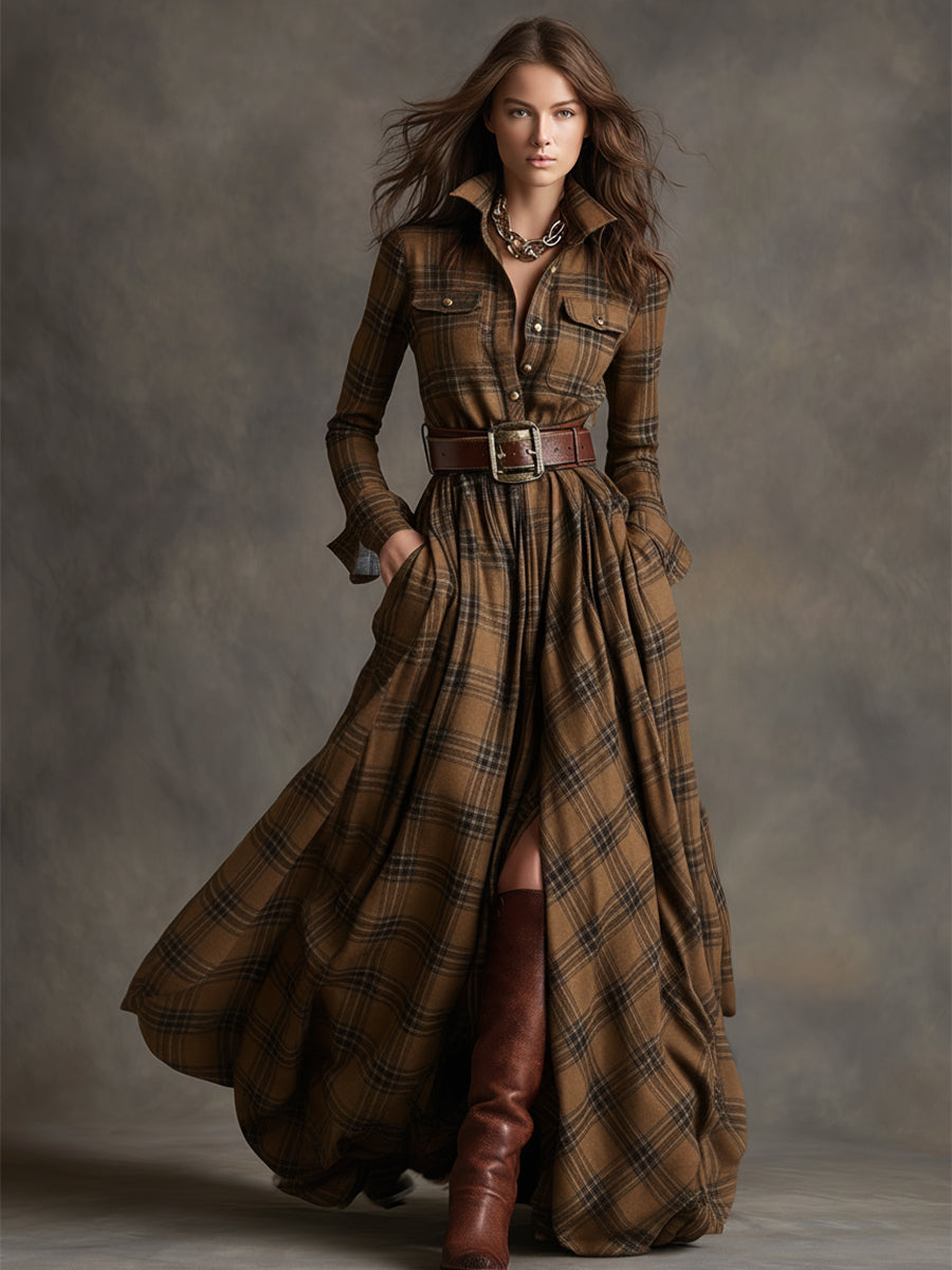 Retro Ethnic Style Lapel Reddish Brown Plaid Maxi Dress with Belts (Buy 2 Free Shipping)