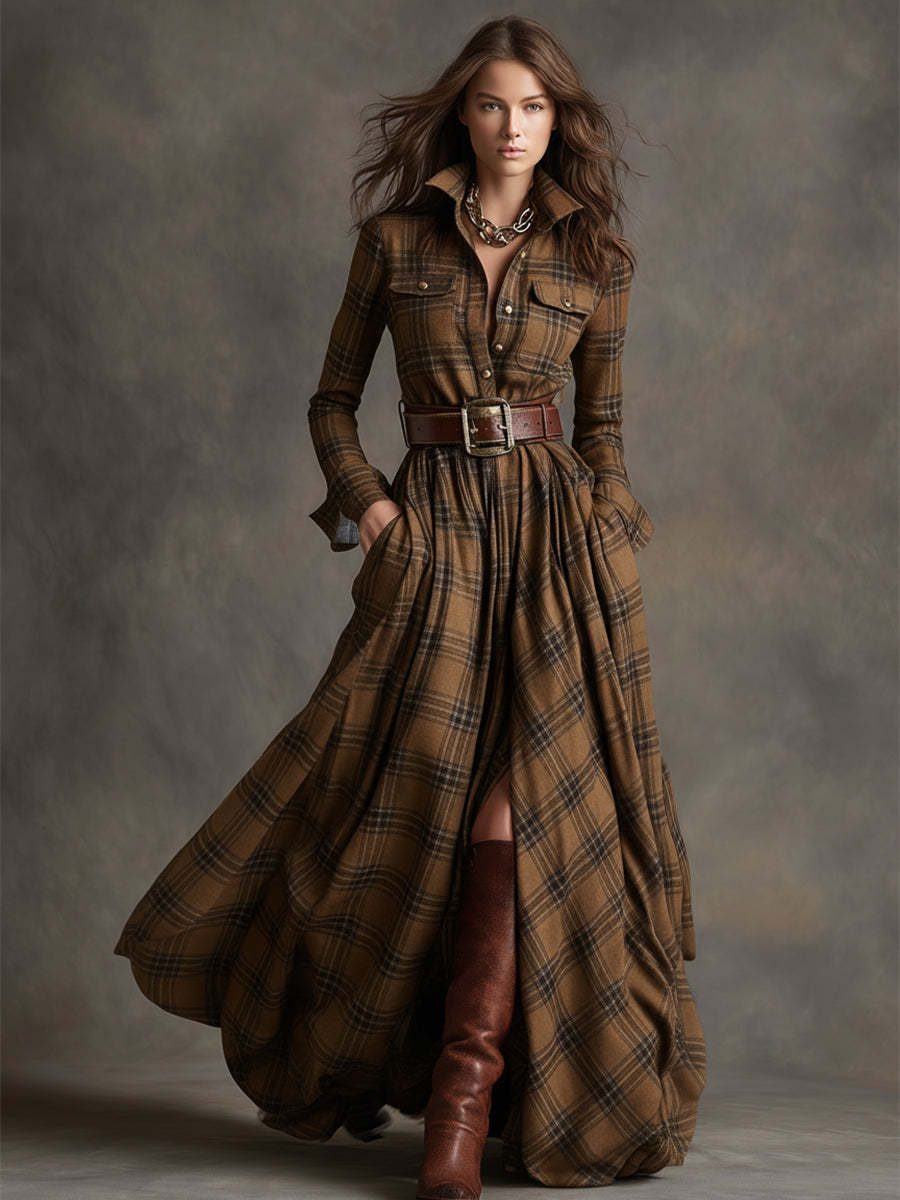 Retro Ethnic Style Lapel Reddish Brown Plaid Maxi Dress with Belts (Buy 2 Free Shipping)