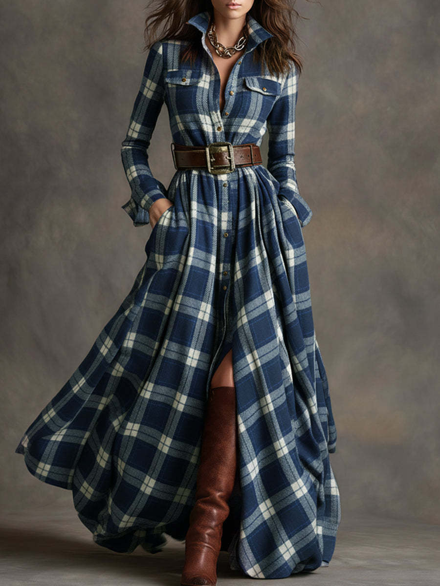 Retro Ethnic Style Lapel Reddish Brown Plaid Maxi Dress with Belts (Buy 2 Free Shipping)