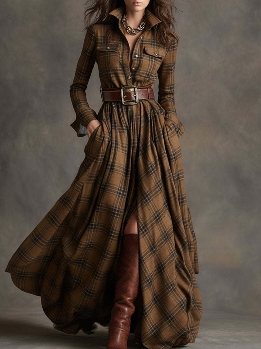 Retro Ethnic Style Lapel Reddish Brown Plaid Maxi Dress with Belts (Buy 2 Free Shipping)