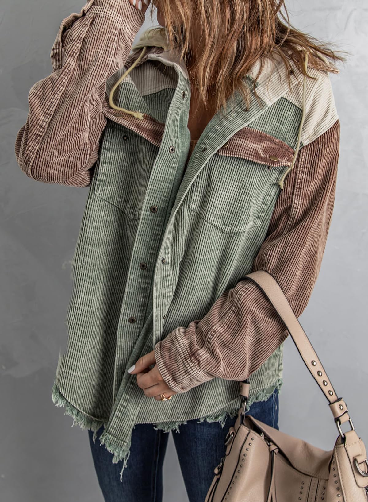 2024 Fall Long Sleeve Button Down Color Block Corduroy Hooded Jacket(BUY 2 10% OFF)