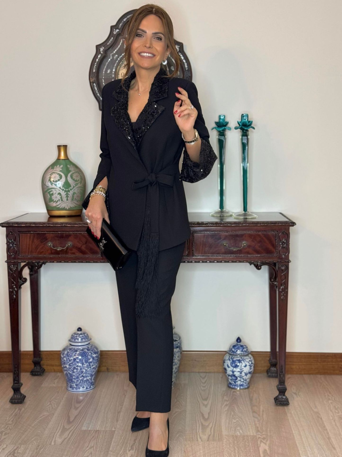 Elegant Sequin Trimmed Blazer and Pants Two Piece Set (Buy 2 Free Shipping)