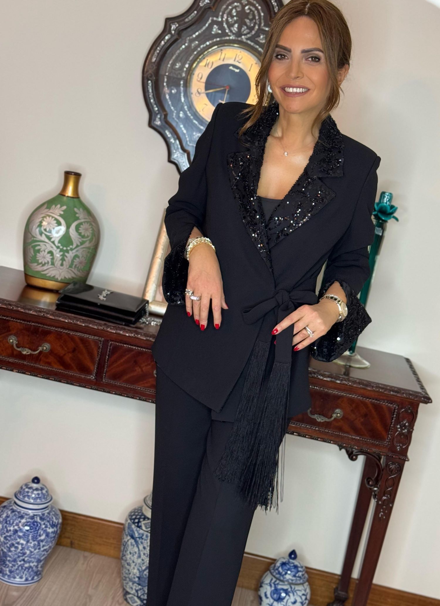 Elegant Sequin Trimmed Blazer and Pants Two Piece Set (Buy 2 Free Shipping)