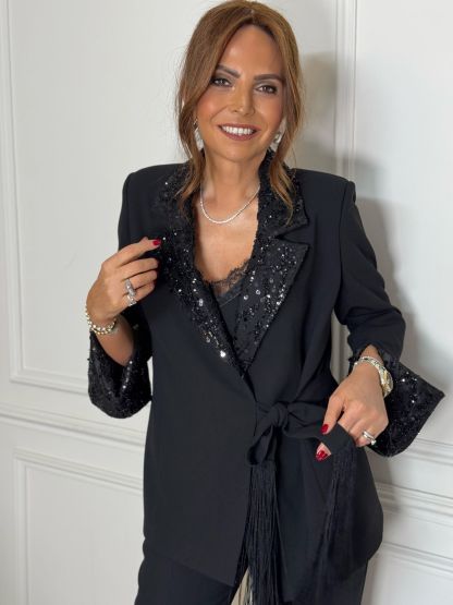 Elegant Sequin Trimmed Blazer and Pants Two Piece Set (Buy 2 Free Shipping)