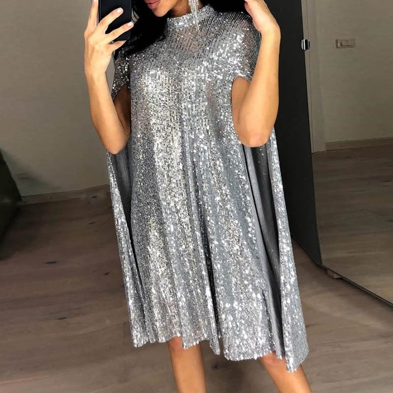 Elegant Sequin Cape Sleeve High Neck Dress (Buy 2 Free Shipping)