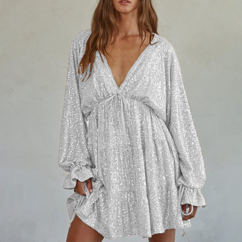 Relaxed Sequin V-Neck Drawstring Lantern Sleeve Dress (Buy 2 Free Shipping)