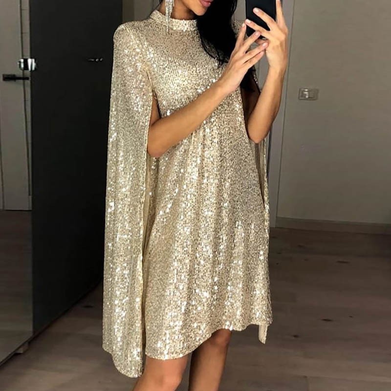 Elegant Sequin Cape Sleeve High Neck Dress (Buy 2 Free Shipping)