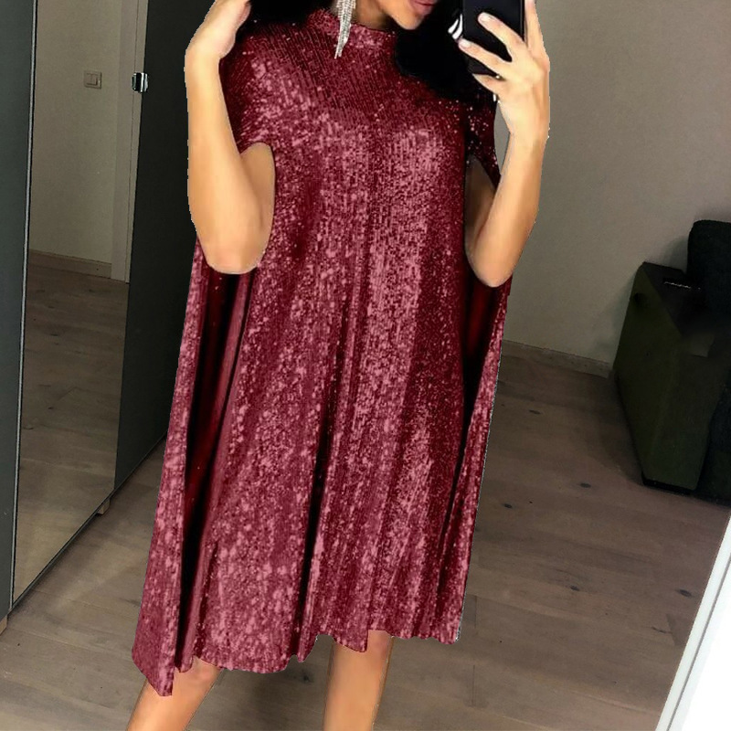 Elegant Sequin Cape Sleeve High Neck Dress (Buy 2 Free Shipping)