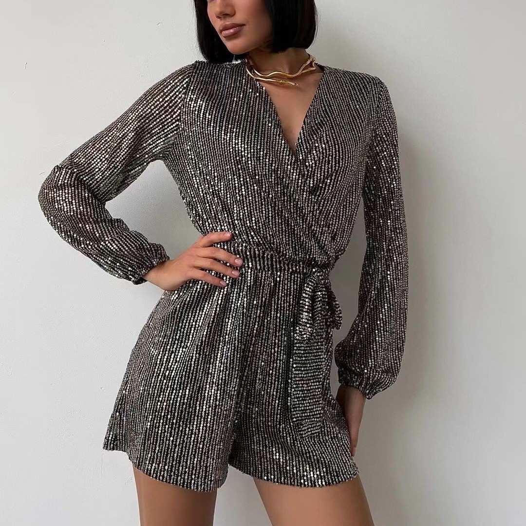 Chic Sequin Belted V-Neck Long Sleeve Romper (Buy 2 Free Shipping)