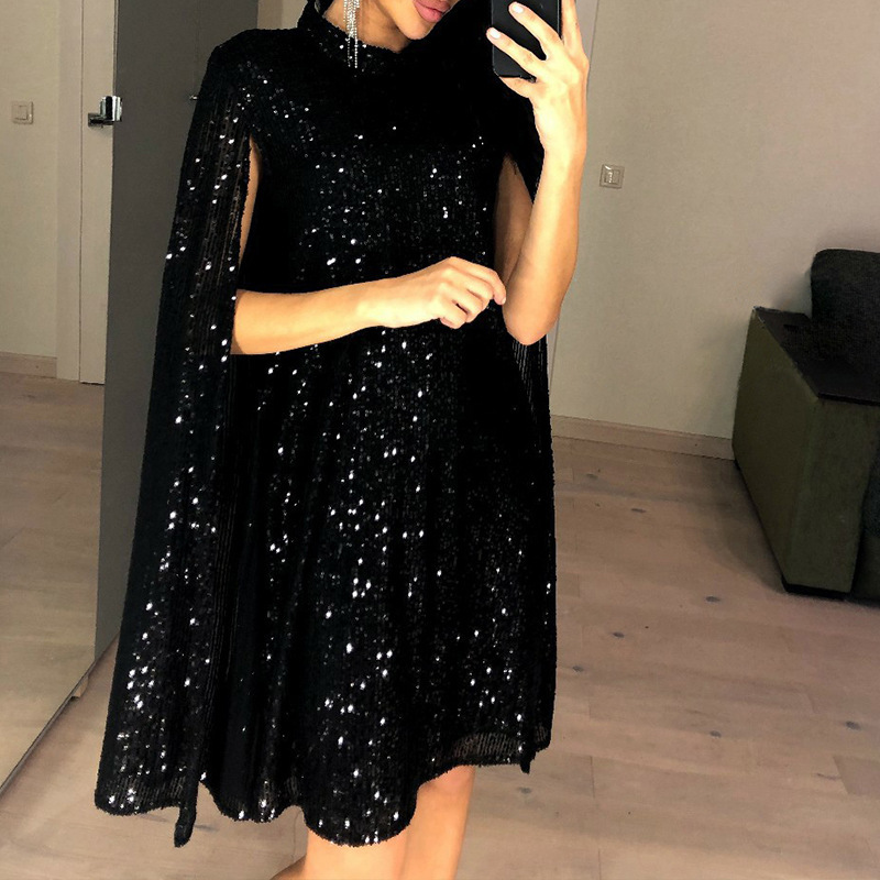 Elegant Sequin Cape Sleeve High Neck Dress (Buy 2 Free Shipping)