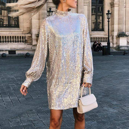 Elegant Sequin Mock Neck Belted Mini Dress(Buy 2 Free Shipping)