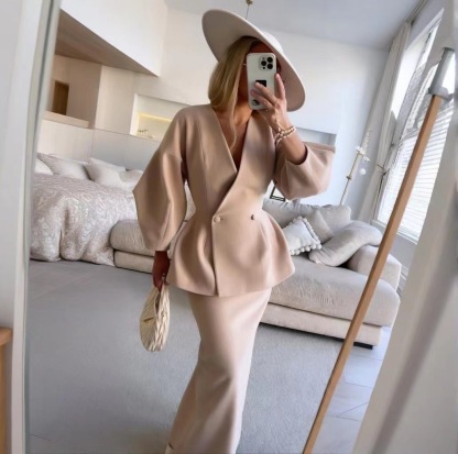 V Neck Puff Sleeve Blazer and Skirts Set