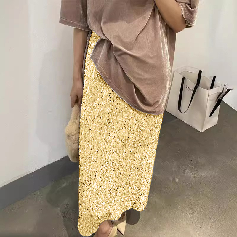 2025 European And American New Fashion High-Waist Slim Sequined Skirt For Women With Elastic Waist And Back Slit Stretch Straight Long Skirt