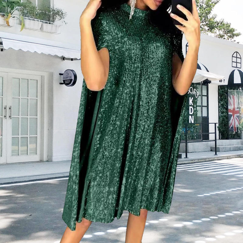 Elegant Sequin Cape Sleeve High Neck Dress (Buy 2 Free Shipping)