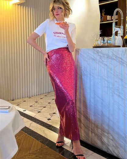 2025 European And American New Fashion High-Waist Slim Sequined Skirt For Women With Elastic Waist And Back Slit Stretch Straight Long Skirt