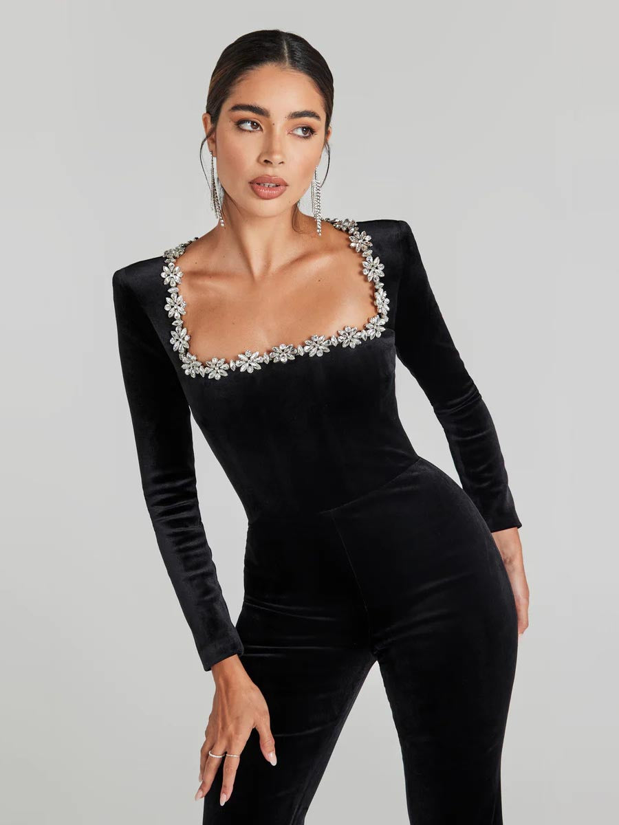Rhinestone Square Neck Velvet Jumpsuits (Free Shipping)