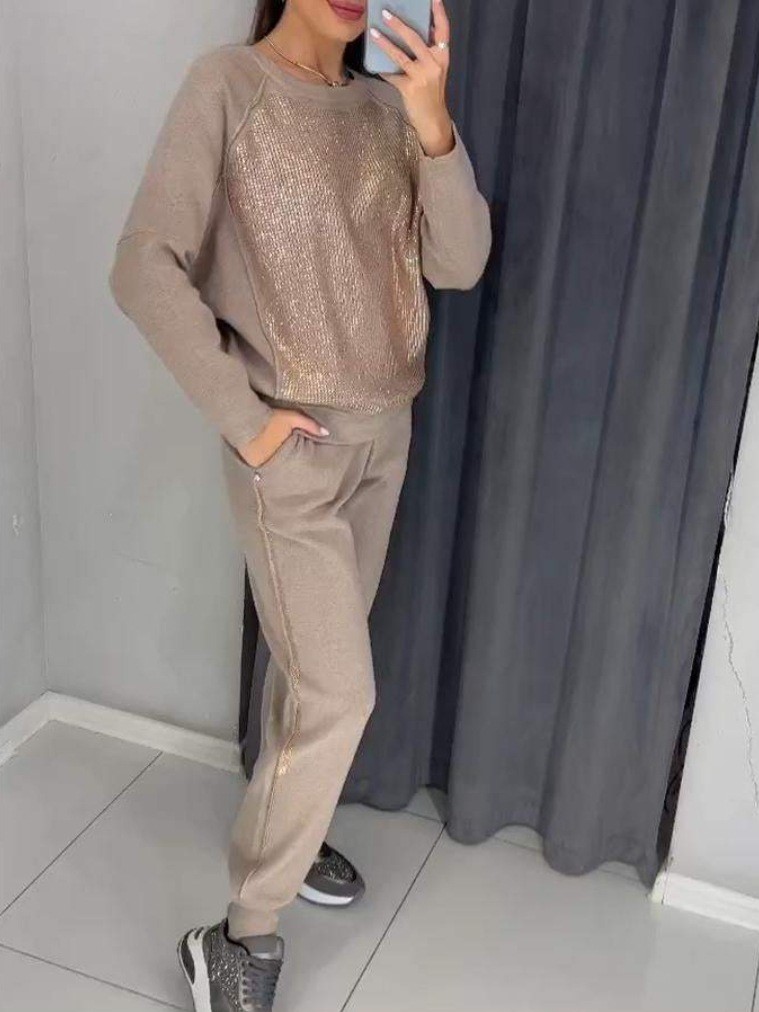 Cozy Knit Set with Sequin Panel Pullover and Tapered Pants (Buy 2 Free Shipping)