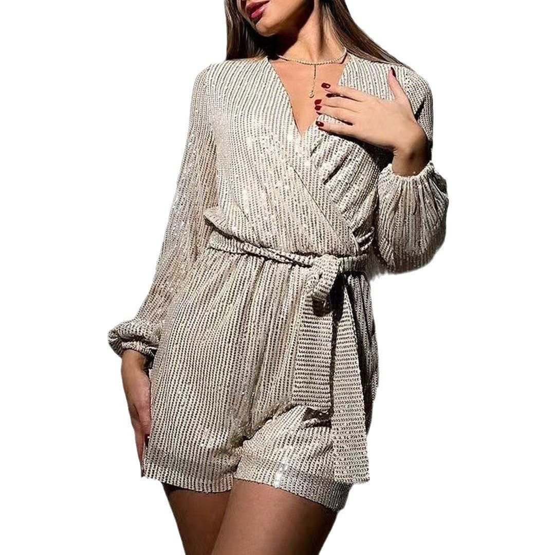 Chic Sequin Belted V-Neck Long Sleeve Romper (Buy 2 Free Shipping)