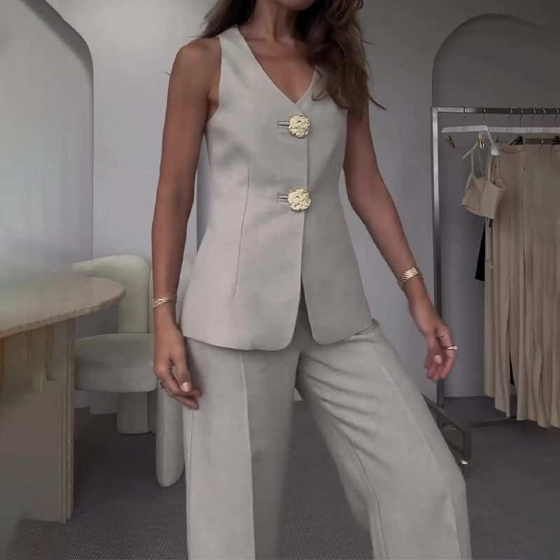 Gold Button Vest & City Pants 2 Pieces Set Suit