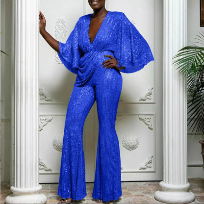 Elegant Sequin Draped Wide Sleeve Jumpsuit (Buy 2 Free Shipping)