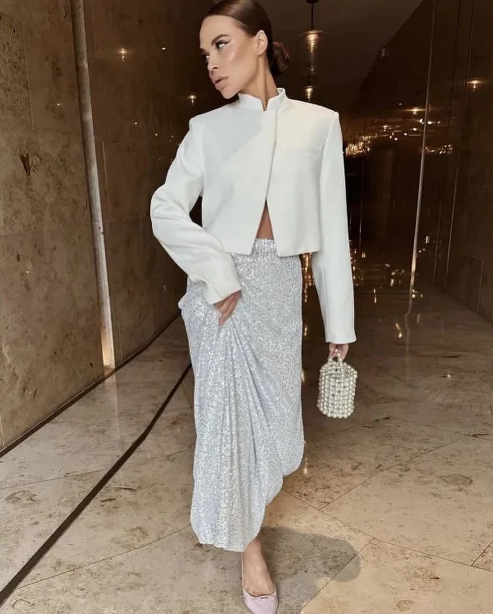 2025 European And American New Fashion High-Waist Slim Sequined Skirt For Women With Elastic Waist And Back Slit Stretch Straight Long Skirt