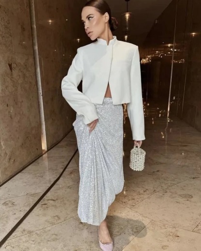 2025 European And American New Fashion High-Waist Slim Sequined Skirt For Women With Elastic Waist And Back Slit Stretch Straight Long Skirt