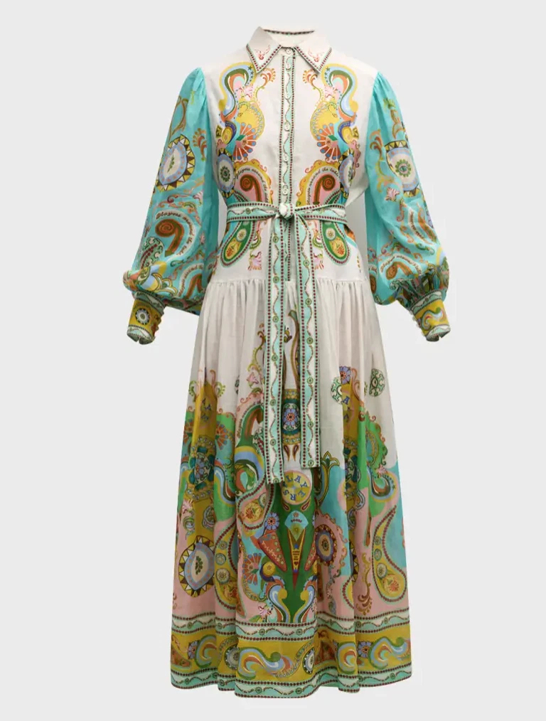 Bohemian Print Belted Midi Shirt Dress (Buy 2 Free Shipping)