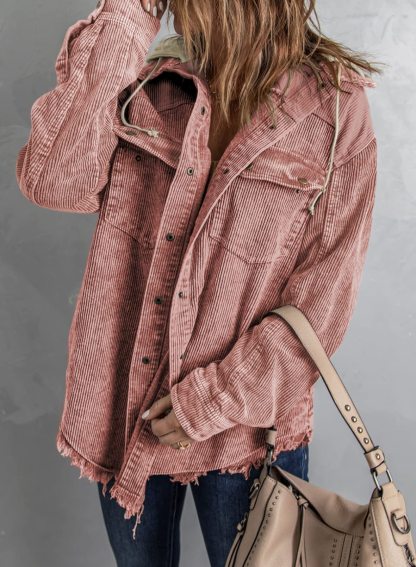 2024 Fall Long Sleeve Button Down Color Block Corduroy Hooded Jacket(BUY 2 10% OFF)