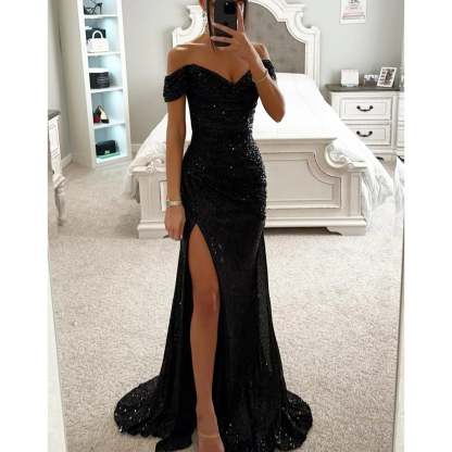 Sequin Off-Shoulder Maxi Dress Elegant Evening Glamour (Buy 2 Free Shipping)