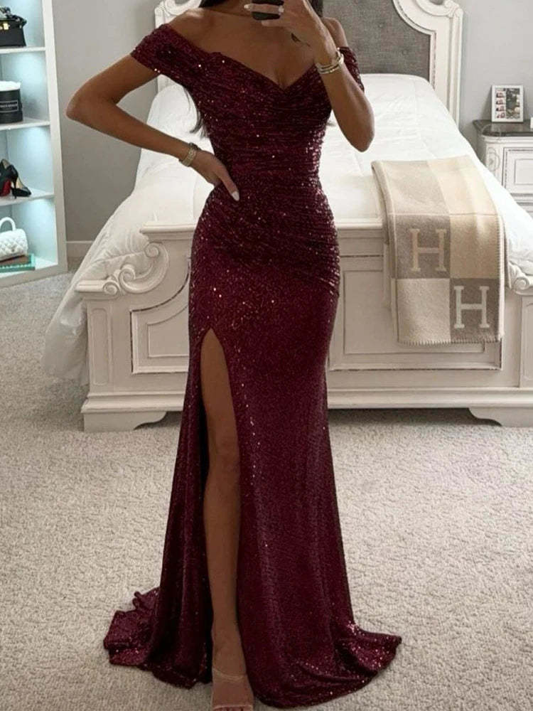 Sequin Off-Shoulder Maxi Dress Elegant Evening Glamour (Buy 2 Free Shipping)