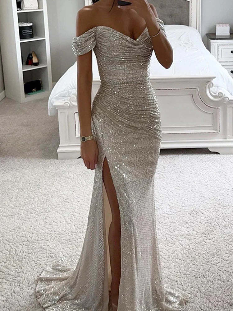 Sequin Off-Shoulder Maxi Dress Elegant Evening Glamour (Buy 2 Free Shipping)